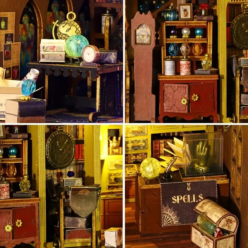 Close-up grid of four book nook interior details including potion bottles, a grandfather clock, shelves, and spellbooks.