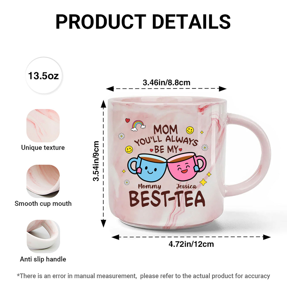 Product details diagram of pink marble mug with dimensions 3.54 by 4.72 inches and callouts for texture, mouth, and handle.