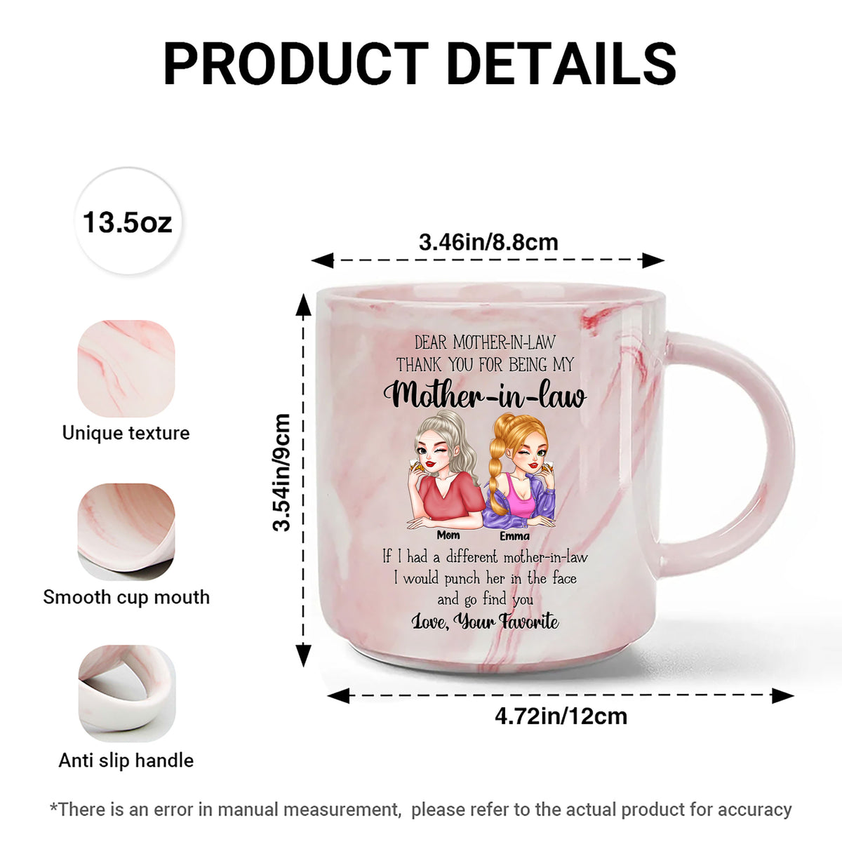 Product details infographic showing dimensions, unique texture, smooth mouth, and anti-slip handle of marble mug.
