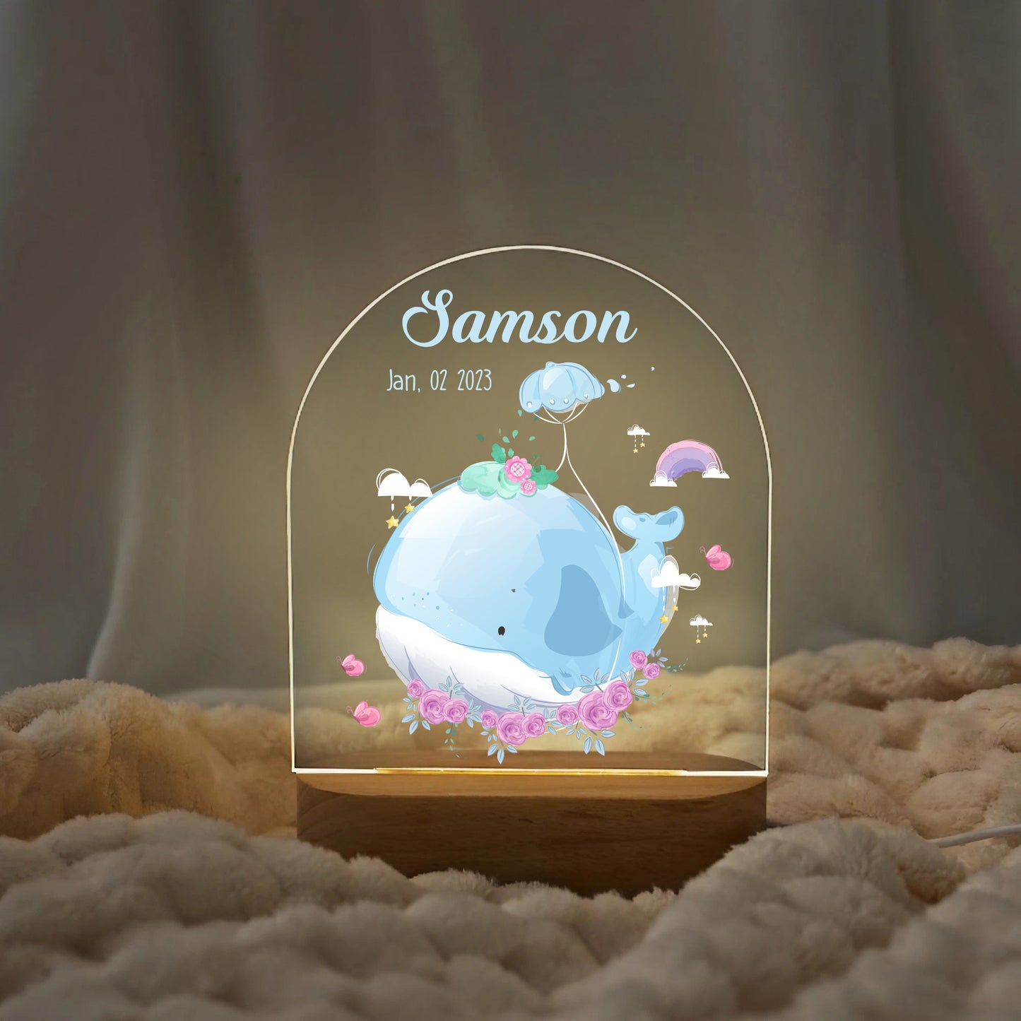 "Custom Name with Flying Whale & Rainbow" LED Night Light | Perfect Kids Gift - LuthCreative