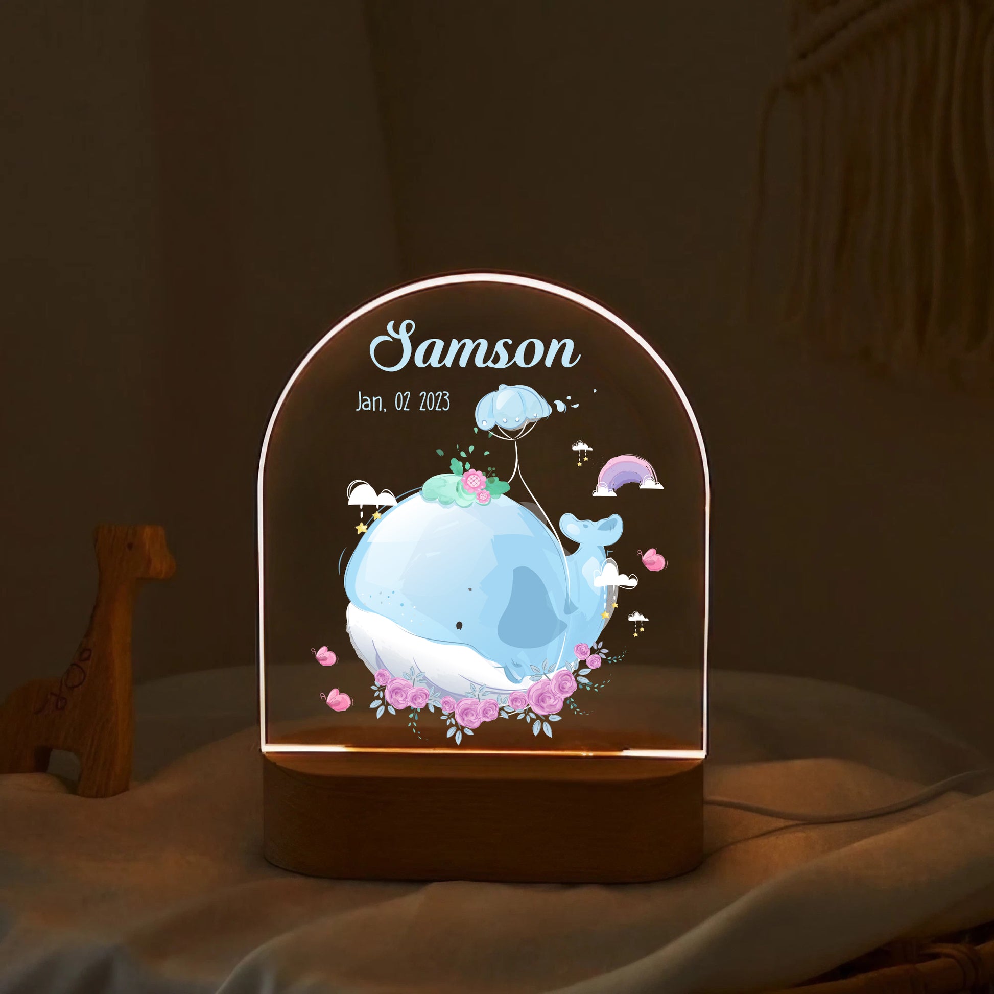 "Custom Name with Flying Whale & Rainbow" LED Night Light | Perfect Kids Gift - LuthCreative