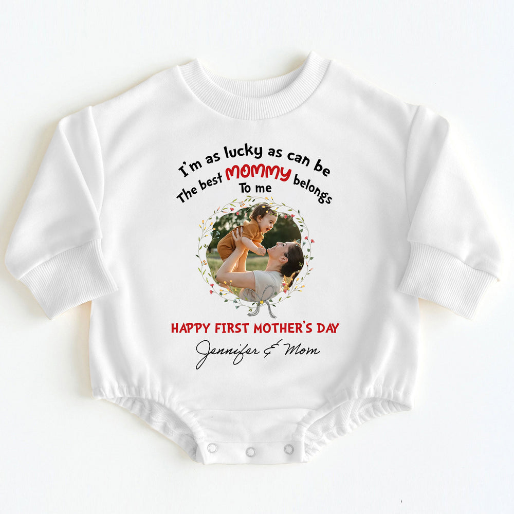 White long sleeve baby bodysuit printed with a personalized photo within a floral circle and text celebrating a first