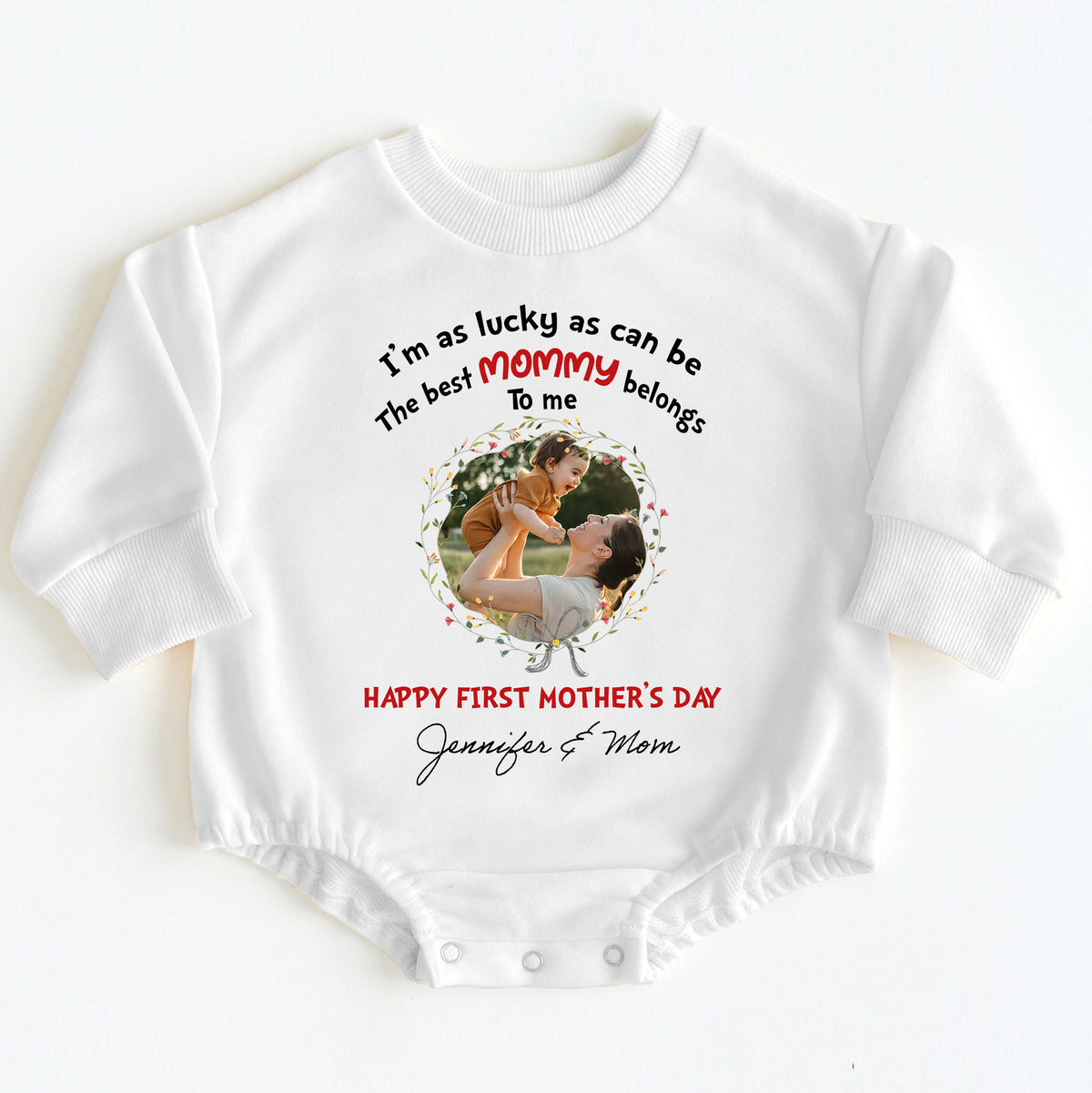 Make her first Mother's Day truly magical! Order the "I'm As Lucky As Can Be The Best Mommy Belongs To Me - Happy Our First Mother's Day" Romper Baby Bodysuit today and give the gift of love, comfort, and cherished memories that will last a lifetime!