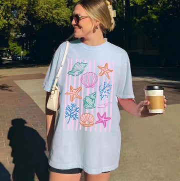 Pastel Seashell Graphic Tee | Oversized Coastal Beach T-Shirt