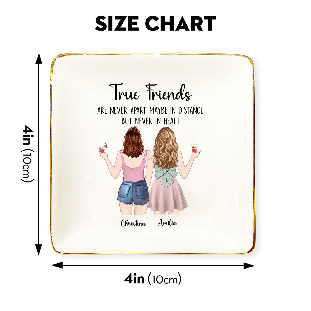 Size chart showing a 4x4 inch square glazed ceramic jewelry dish with customized friend design and names.