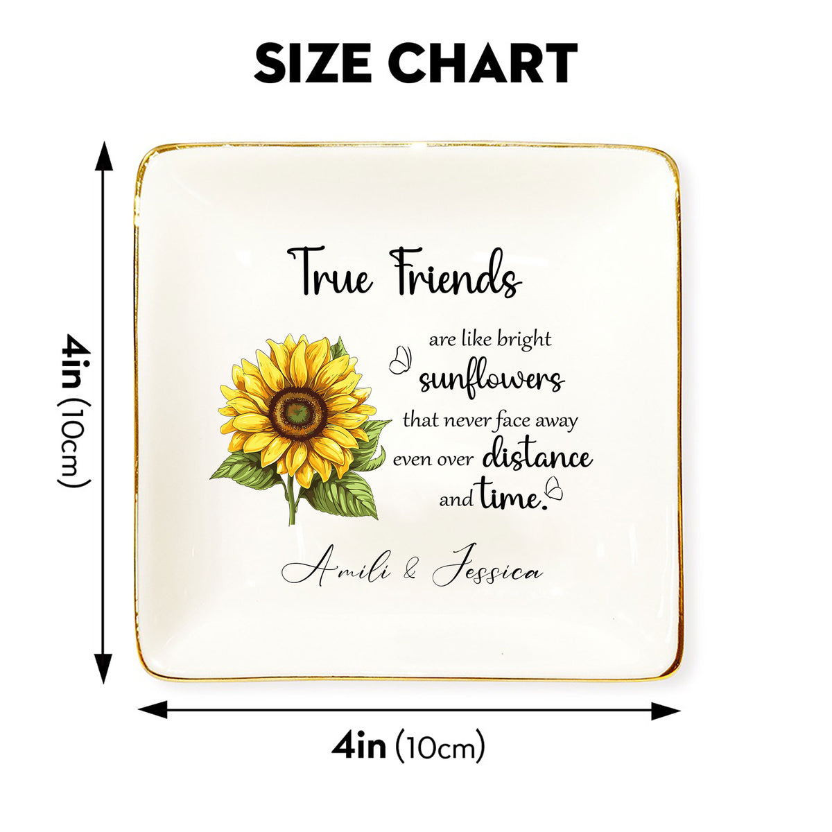 Size chart showing 4x4 inch square ceramic jewelry dish with sunflower design and custom best friend names.