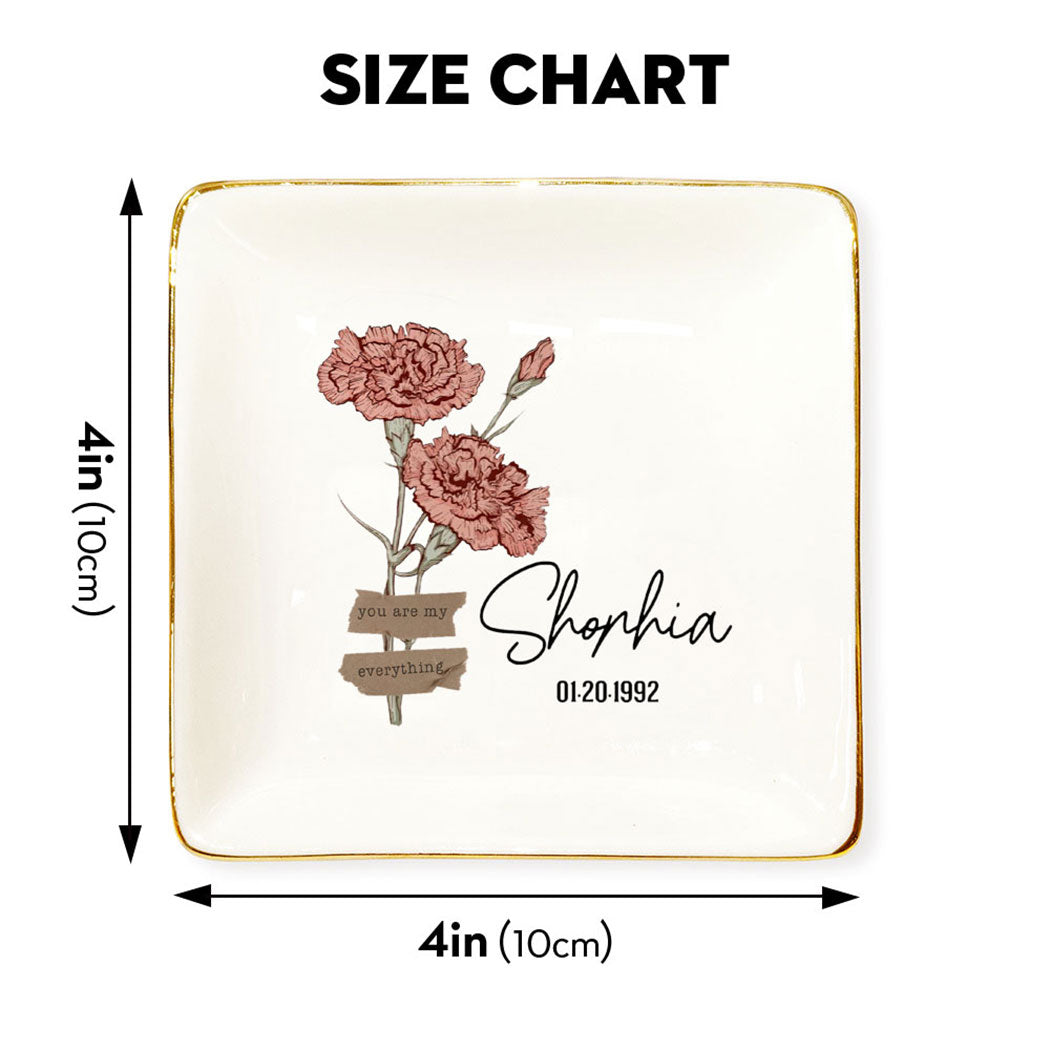 Size chart showing a 4x4 inch square glazed ceramic ring dish with pink flowers and custom text.