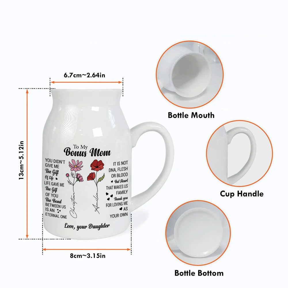 Size chart diagram of white ceramic flower vase showing dimensions, bottle mouth, handle and bottom.