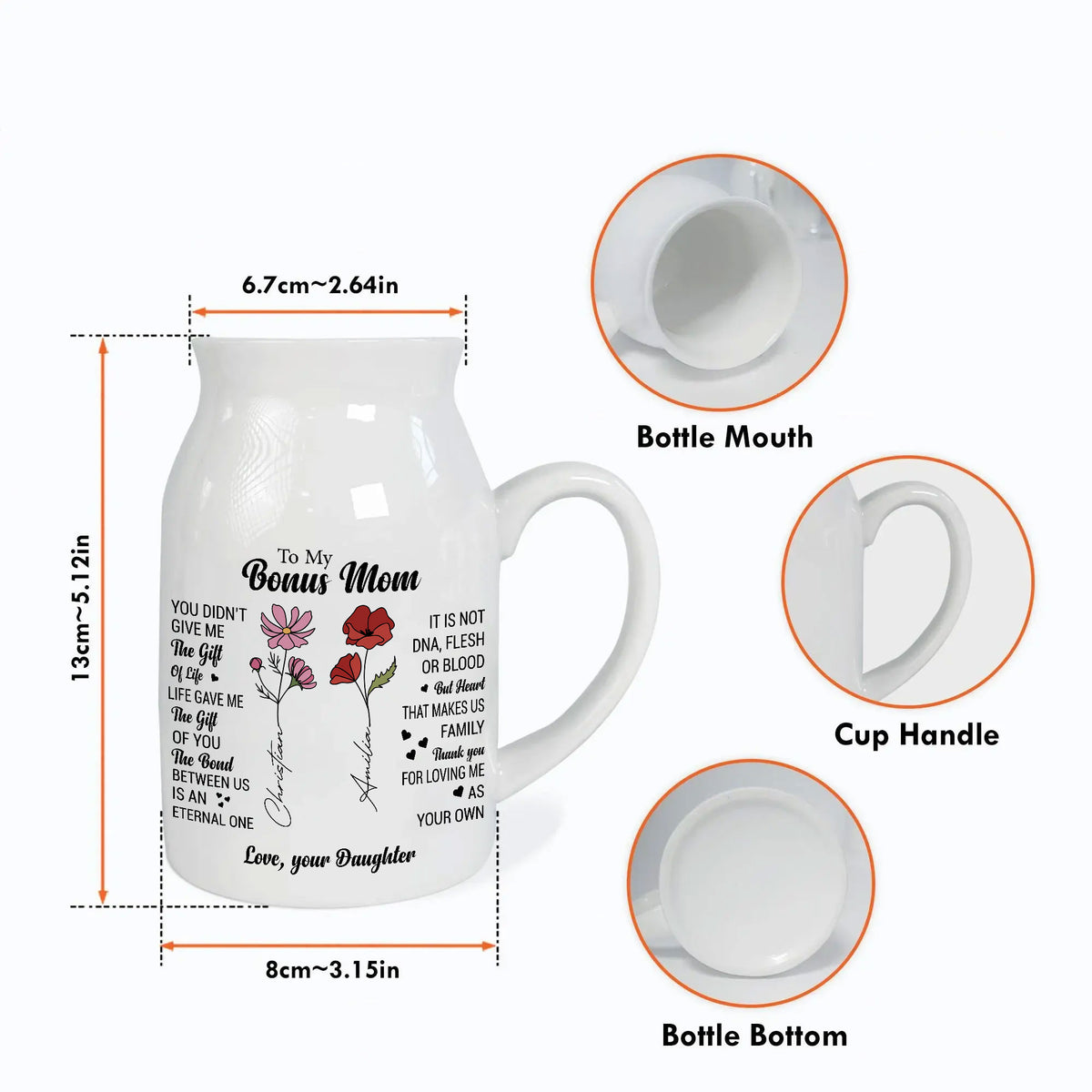 Size chart diagram of white ceramic flower vase showing dimensions, bottle mouth, handle and bottom.