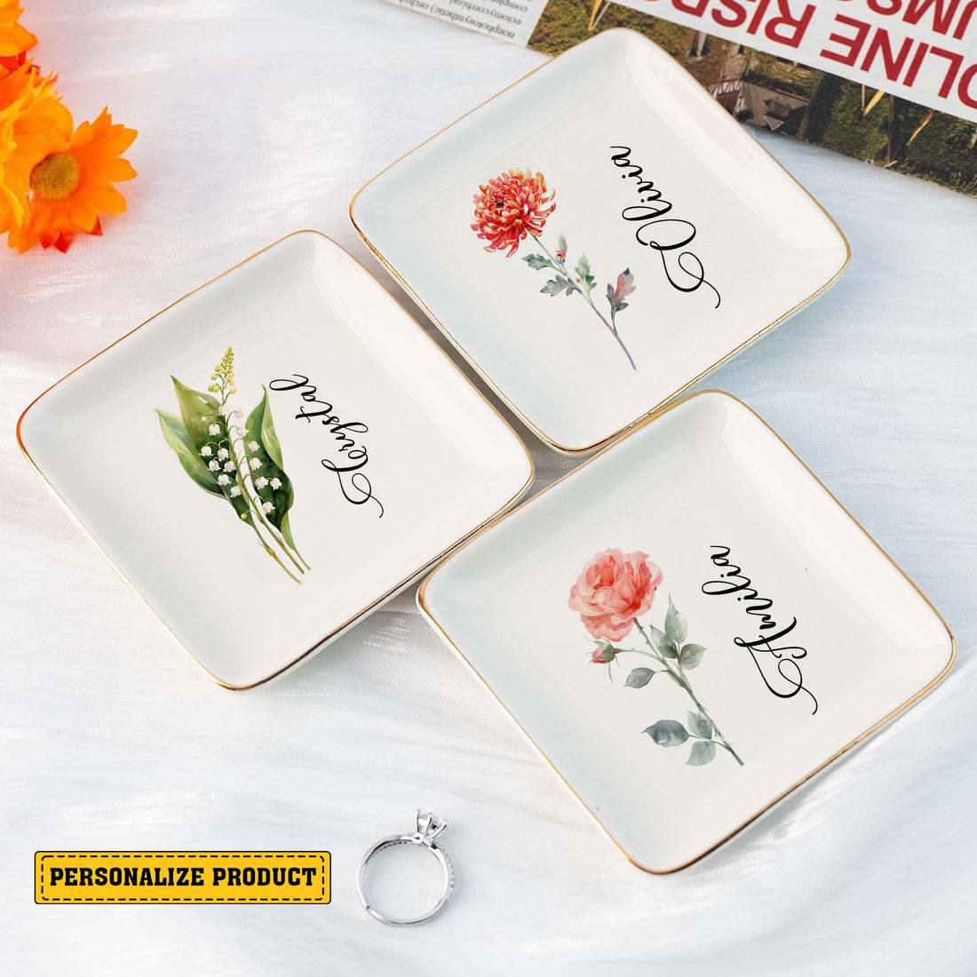 Personalized Ring Dish Customized Name and Flower Ceramic Jewelry Tray - LuthCreative