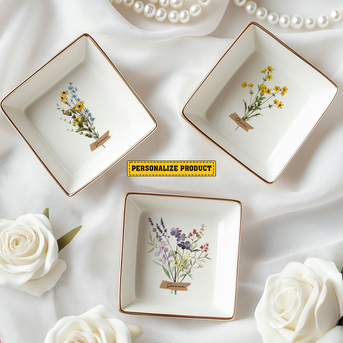 Personalized Ring Dish Customized Name and Flower Ceramic Jewelry Tray - LuthCreative