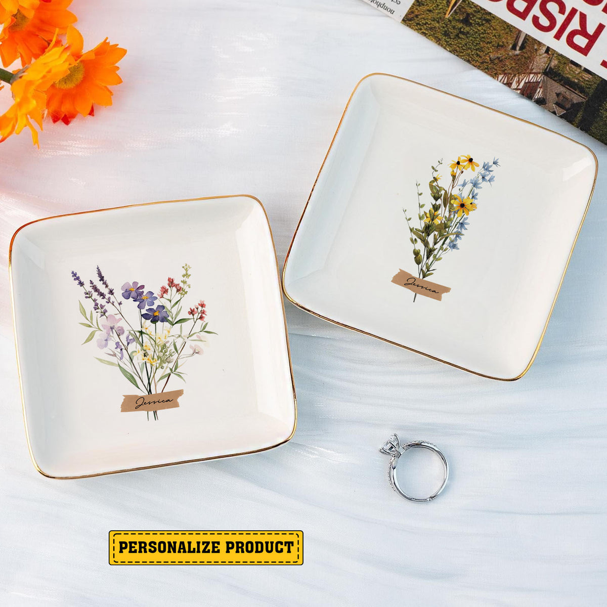 Personalized Ring Dish Customized Name and Flower Ceramic Jewelry Tray - LuthCreative